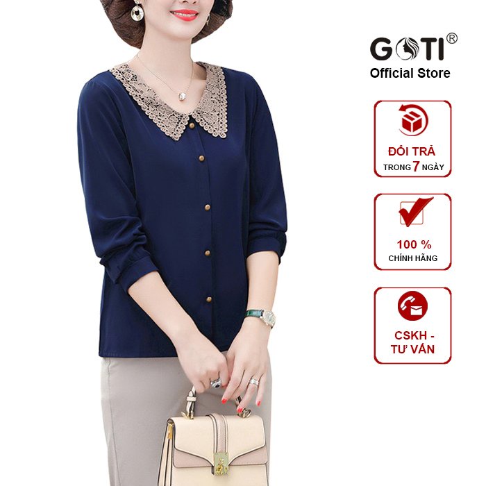 GOTI - Áo Kiểu Trung Niên Cao Cấp Vải Lụa Mềm Mịn Tay Dài Cổ Ren Thời Trang Cho Mẹ U50 U60 3A16