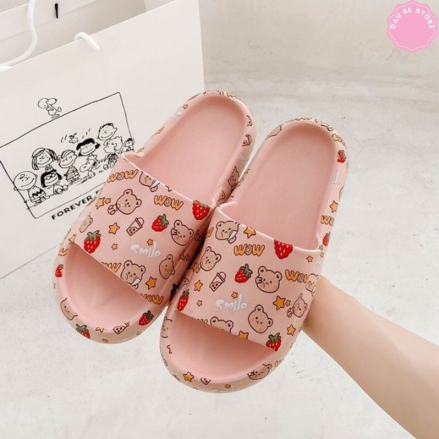 Dép Đế Bánh Mì Ulzzang Hình Gấu Hồng Trắng Siêu Xinh Cho Nữ - Dép Quai Ngang Siêu Êm Chống Trơn Trượt - Daube - D033