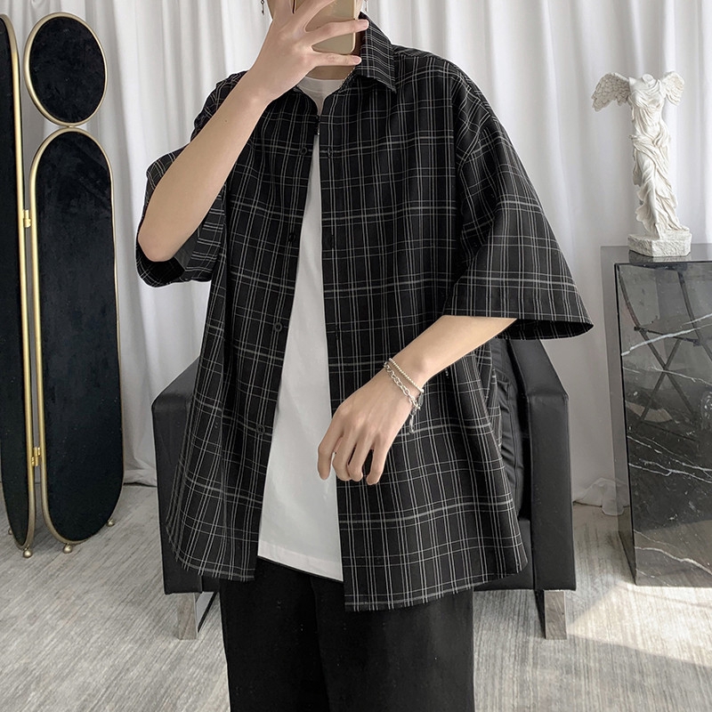 Áo Sơ Mi Nam Tay Ngắn Màu Trơn Họa Tiết Kẻ Sọc Caro Phong Cách Hàn Quốc