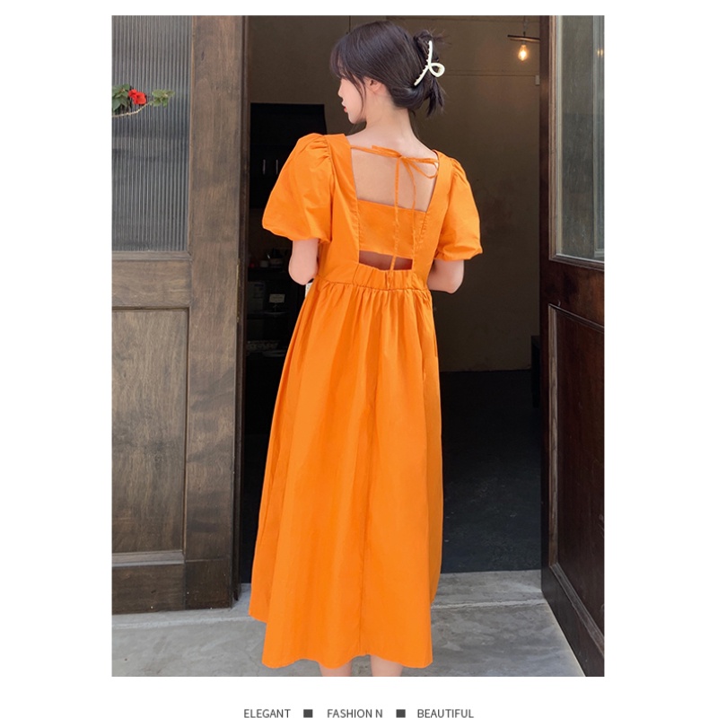 Đầm Perty tay phồng cổ vuông hở lưng phong cách Pháp thời trang cho nữ