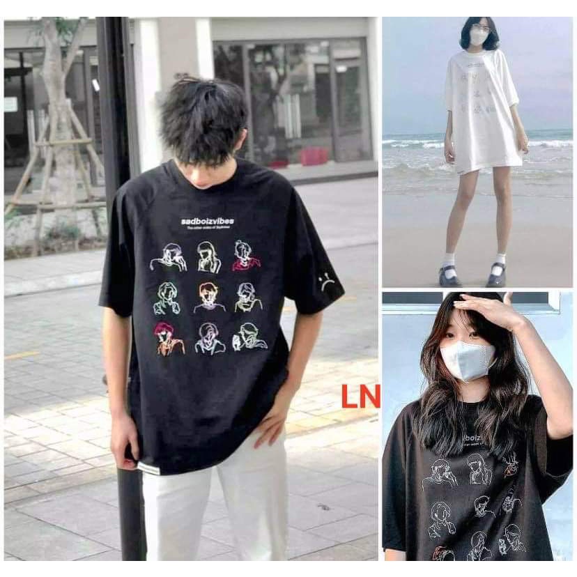 Set đồ nữ,Áo phông Nam nữ Unisex,Áo thun  sadboiz 9 mặt người form thụng rộng tay lỡ màu đen trắng