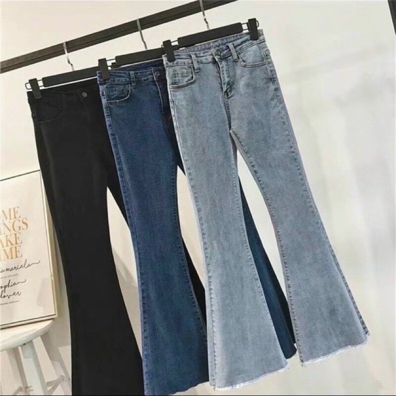 Quần jean ống loe màu đen trơn  lưng cao  co giãn xinh xắn