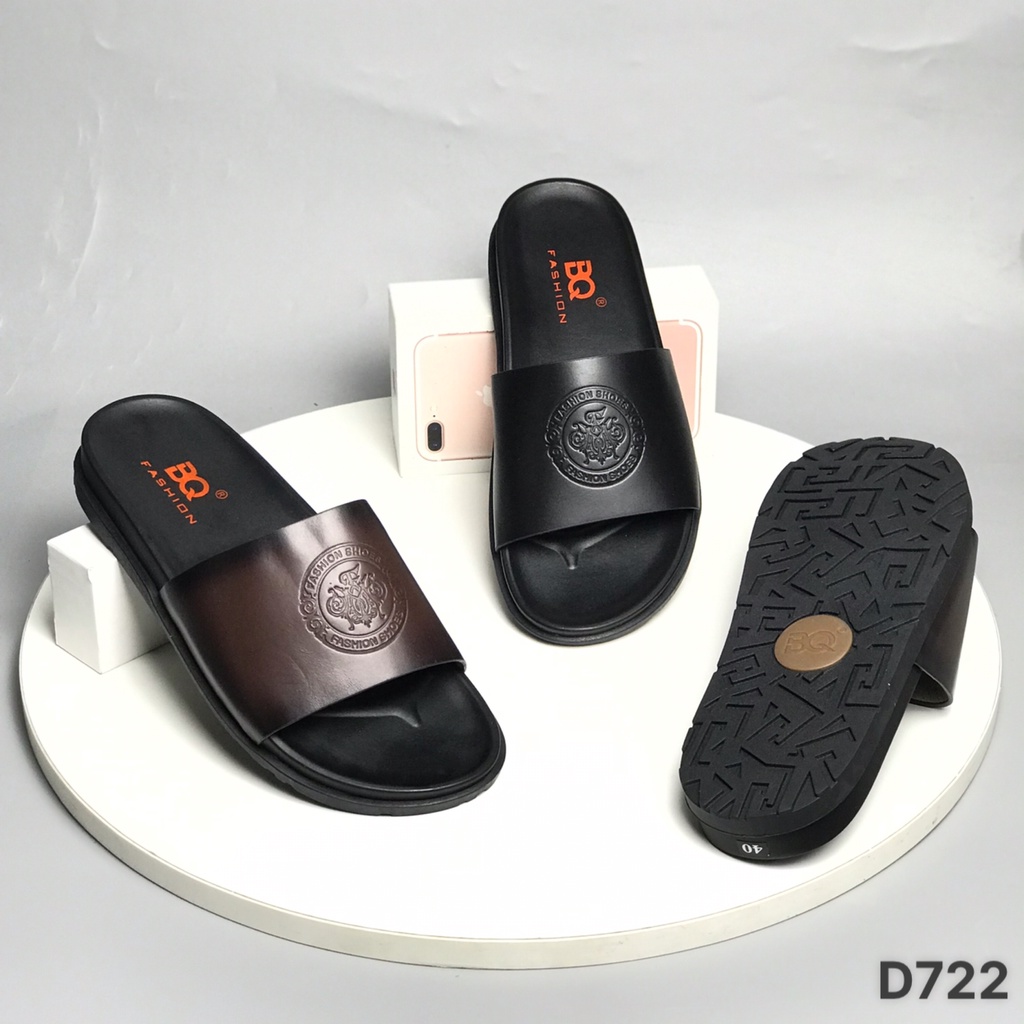 Dép lê nam BQ ❤️FREESHIP❤️ Dép lê nam da bò quai bản ngang dập khóa tròn đế dày D722