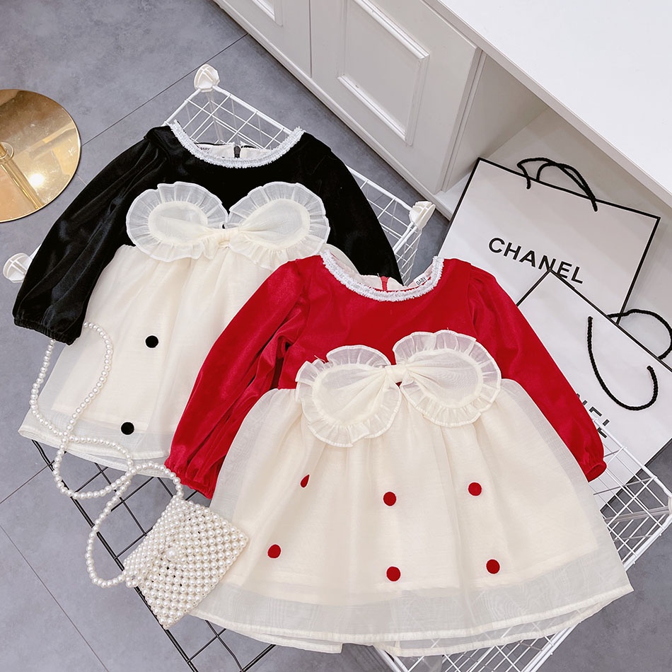 VÁY NHUNG CHO BÉ GÁI PHỐI CHÂN VÁY TƠ  CHẤM TRÒN BẰNG NHUNG ĐÍNH LÊN SIÊU XINH, NHUNG MỀM NHŨN SIZE 9-21KG [V18]