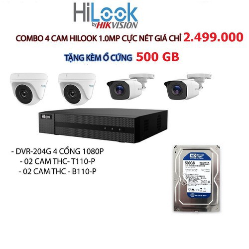 Bộ 04 camera Hilook (Hãng Hikvision)+ đầu ghi hình + Tặng kèm ổ cứng 500GB - COMBOHI10