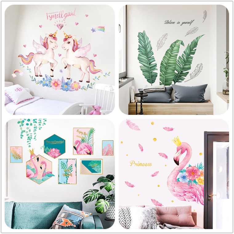 Decal dán tường, Giấy dán tường, họa tiết hoa lá cây cối động vật trang trí tường phòng ngủ phòng khách