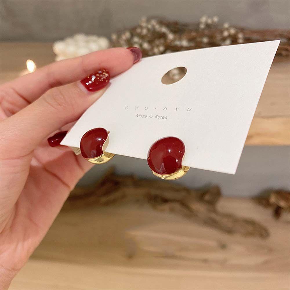 Bông Tai Hình Tròn Bằng Đồng Đính Hạt Đậu Đỏ Phong Cách Hàn Quốc Cổ Điển Đơn Giản Cho Nữ