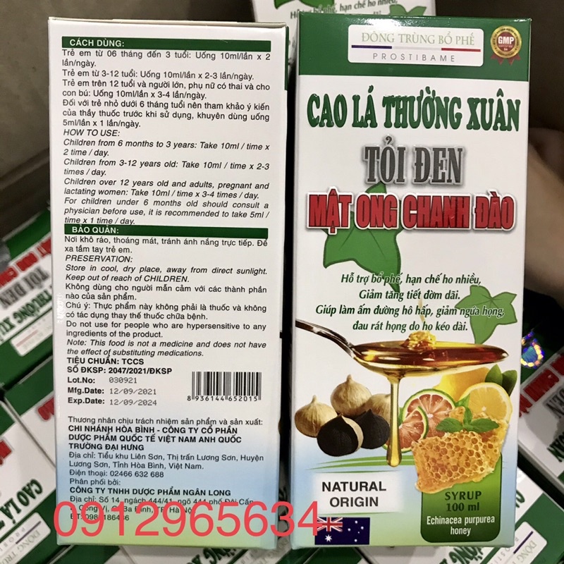 Sirô ho Đông trùng bổ phế Cao lá thường xuân tỏi đen mật ong chanh đào hỗ trợ hệ hô hấp khoẻ mạnh