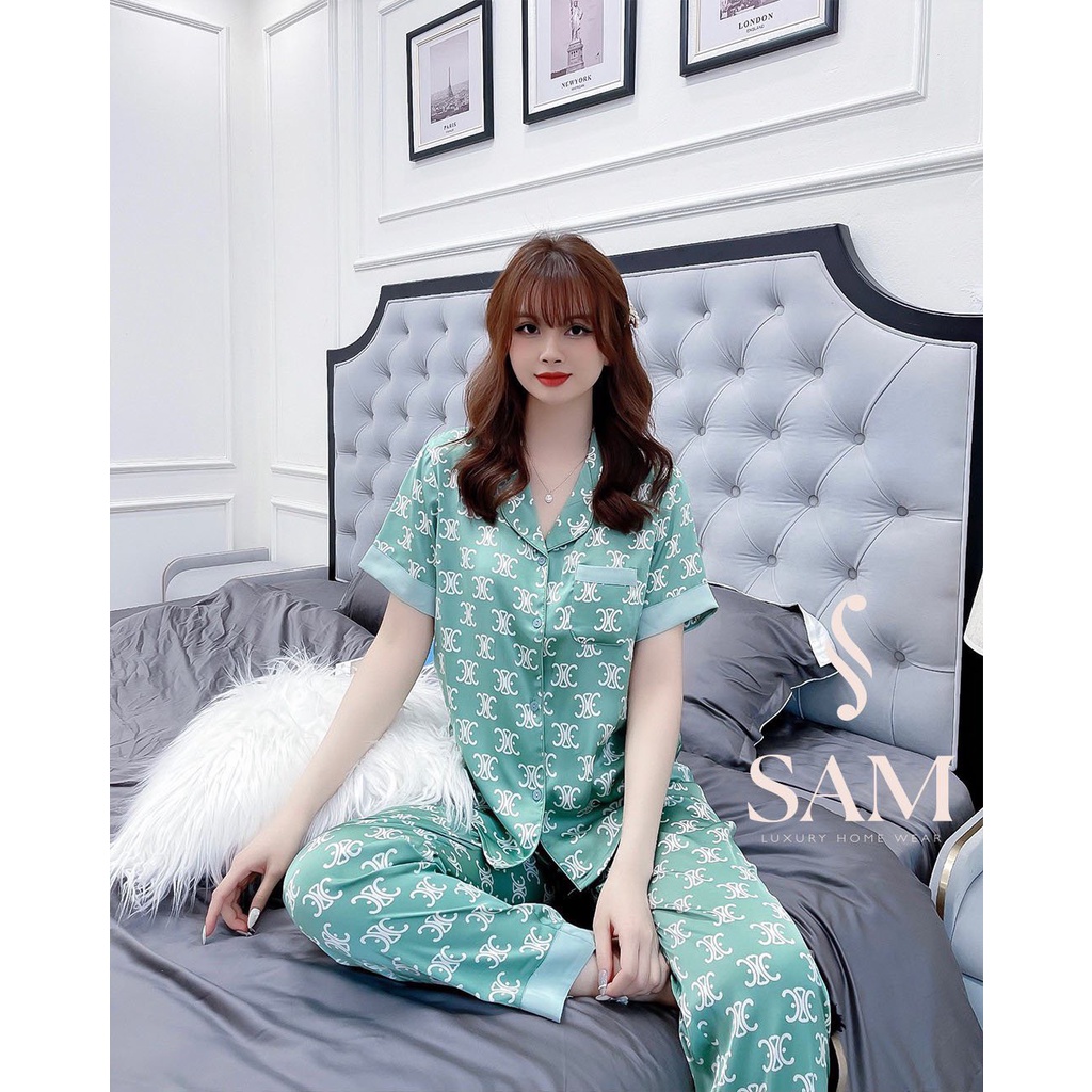 Đồ lụa Pizama hãng Sam, bộ ngủ mặc nhà chất lụa Satin họa tiết chữ 3D sang chảnh, kiểu dáng pijama trẻ trung, màu đẹp