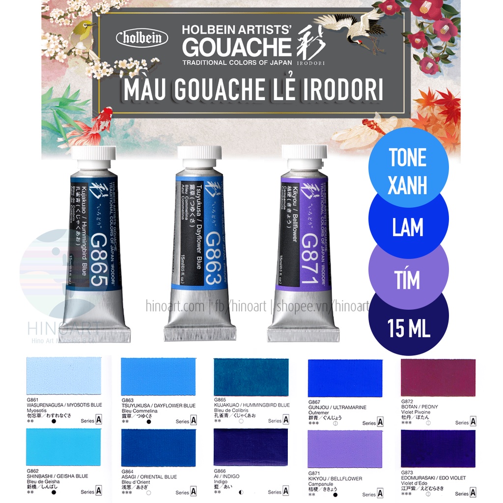 Màu Gouache lẻ Holbein Irodori tông xanh lam xanh dương tím - tuýp 15ml