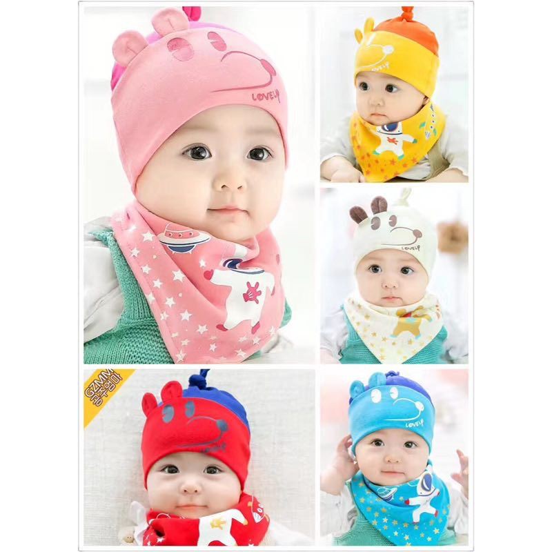 Mũ Kèm Khăn Yếm Cotton 2 Lớp Mềm Mại Cho Bé