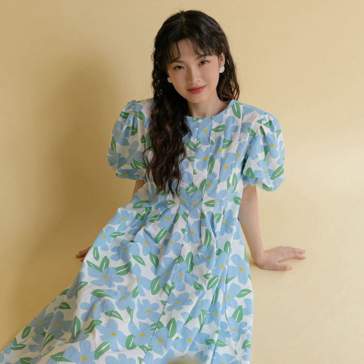 Đầm Hoa Tay Phồng Phong Cách Hàn Quốc Thanh Lịch Dành Cho Nữ