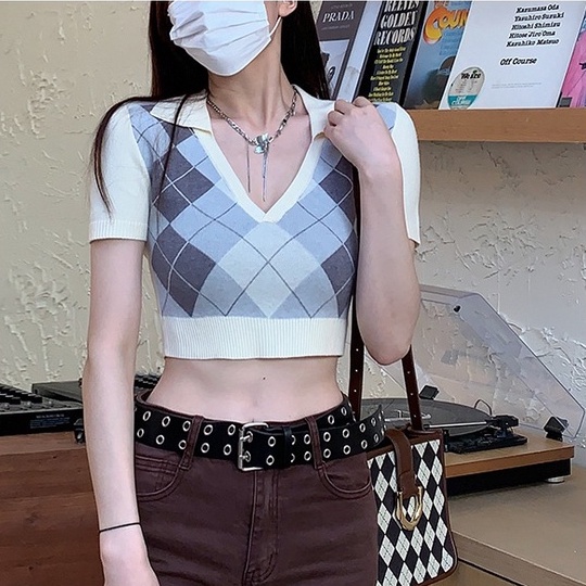 Áo Dệt Kim Ngắn Tay Lưng Cao Thời Trang Quyến Rũ