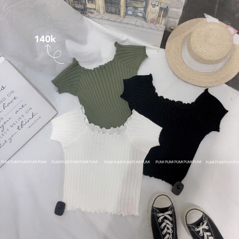 Áo len gân cuốn biên croptop freesize Pumi