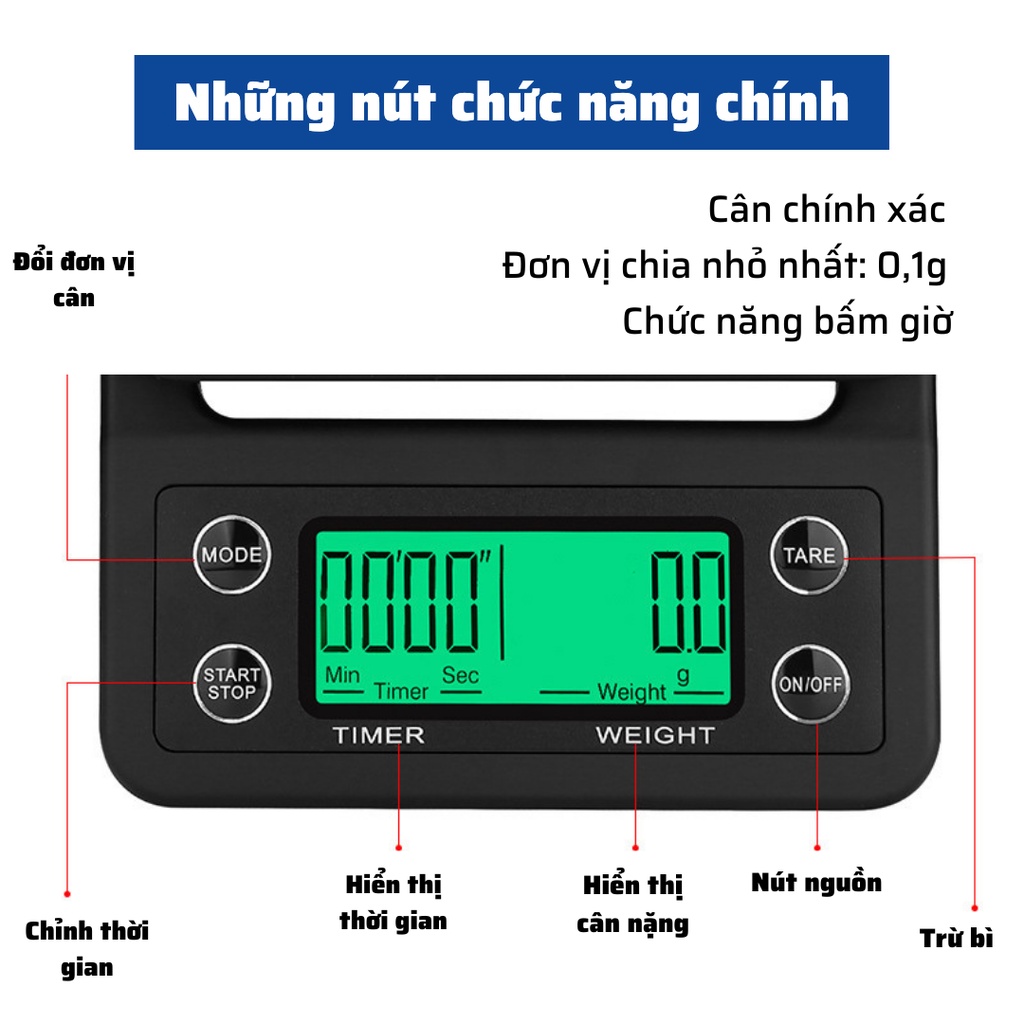 Cân pha cà phê tiểu ly điện tử mini cafe rang xay Espresso định lượng 0.1g - 5kg độ chính xác cao làm bánh nhà bếp