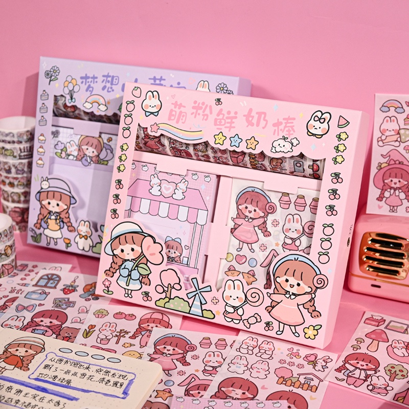 Hộp Sticker Cute 10 tờ - 10 Washi Tape - 30 Tờ Giấy Note  Sitker Trang Trí Sổ Tay  Hinh Dan Cute Hình Dán Công Chúa Giấy Nhớ