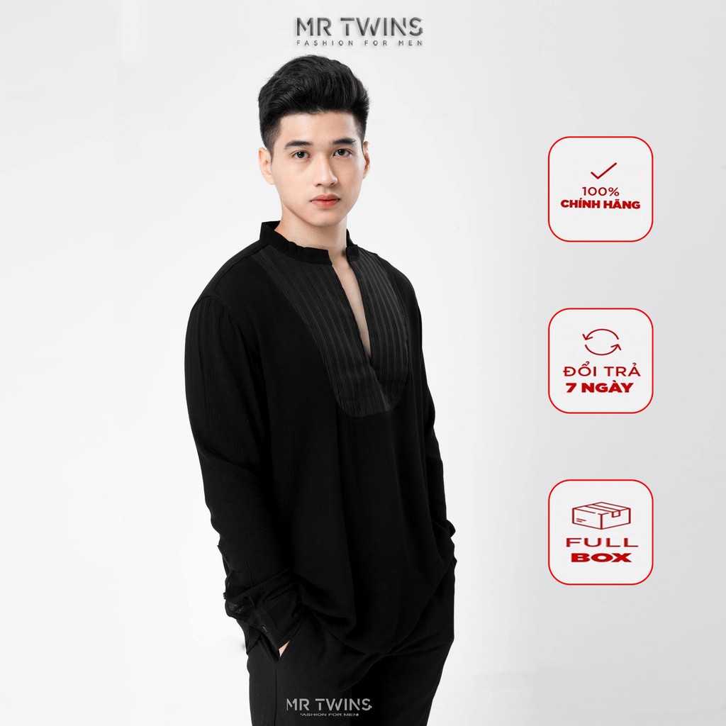 Áo Sơ Mi Nam Màu Đen Phối Dập Ly Vải Đũi Thương Hiệu MrTwins®