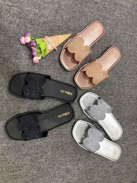 Dép nhựa dẻo  nữ quai ngang phủ  kim sa