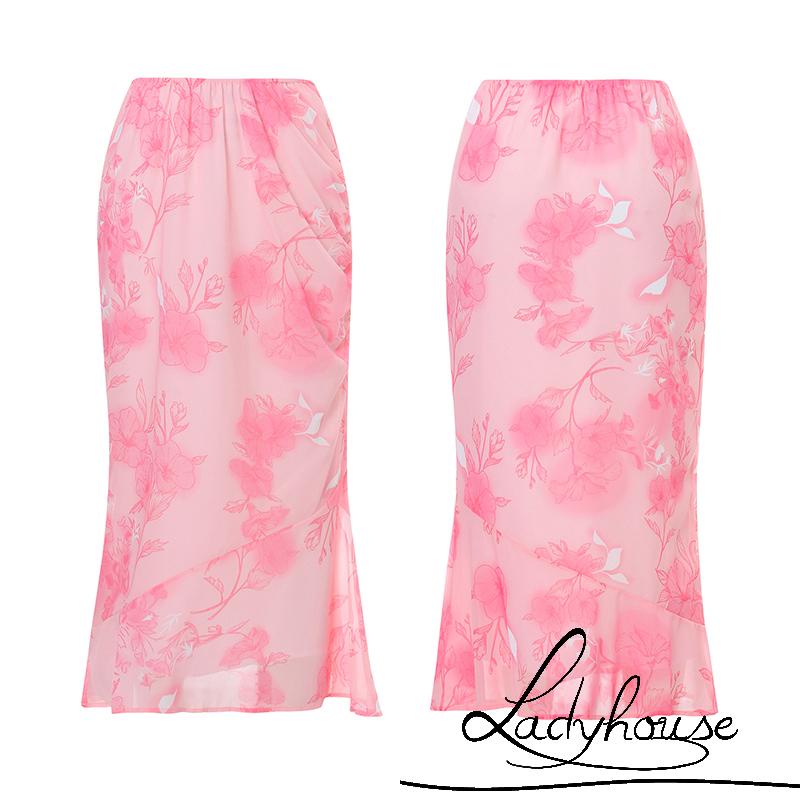 Ldd-đầm Lửng Dáng Rộng Eo Thấp In Hoa Mùa Hè Thu Màu Hồng Cho Nữ