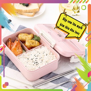 Khay Hộp Đựng Cơm Văn Phòng giữ nhiệt 3 ngăn giá rẻ bằng nhựa lúa mạch, phong cách Hàn Quốc kèm thìa đũa inox ở LaviMart