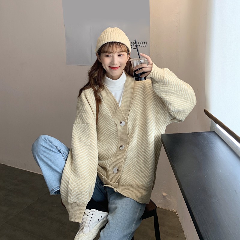 Mã WAMT10K giảm ngay 10k cho đơn bất kì Áo khoác len cardigan áo len dệt kim kẻ sọc phong cách Hàn | BigBuy360 - bigbuy360.vn