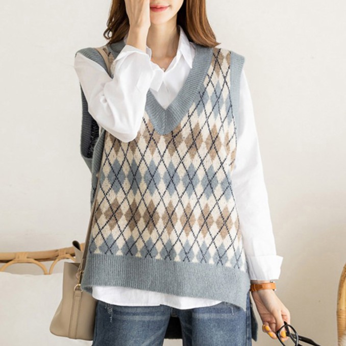 Áo Gile Nữ Ghilen Hàn Quốc Họa Tiết Caro, Áo Ghi Lê Cổ V Vintage Dáng Rộng Kiểu Ulzzang Hottrend