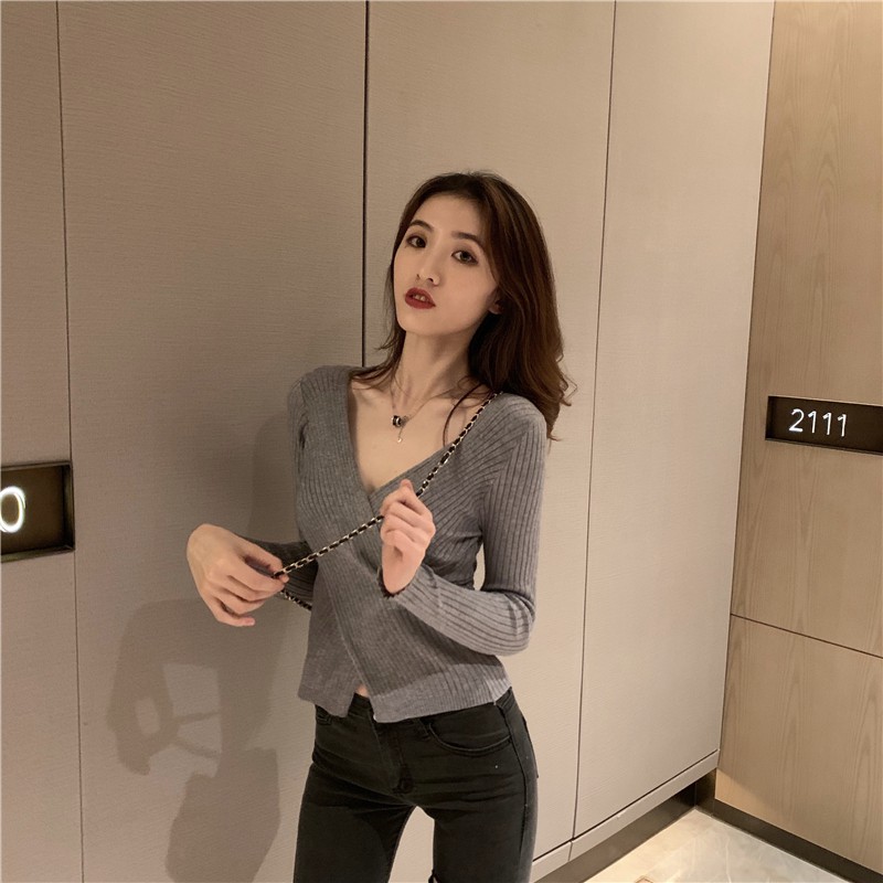 Áo kiểu SUXI dệt kim cổ chữ V phong cách thời trang Hàn Quốc