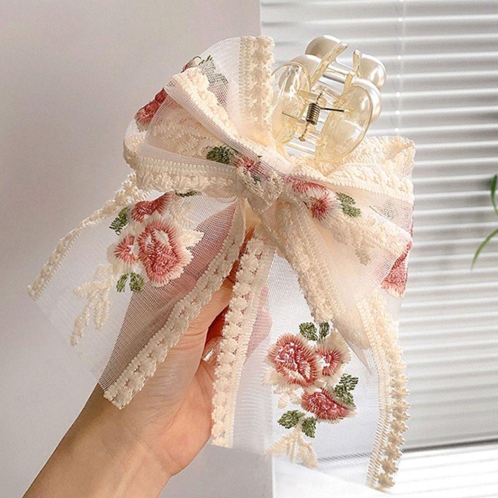 Kẹp Tóc Càng Cua Đính Nơ Ren Hoa Phong Cách Hàn Quốc Thanh Lịch