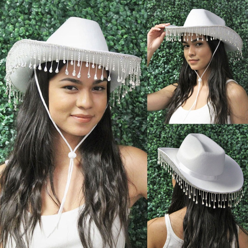 Mũ Cao Bồi Rộng Vành Đính Đá Màu Trắng Phong Cách Cao Bồi Phương Tây Cho Nữ