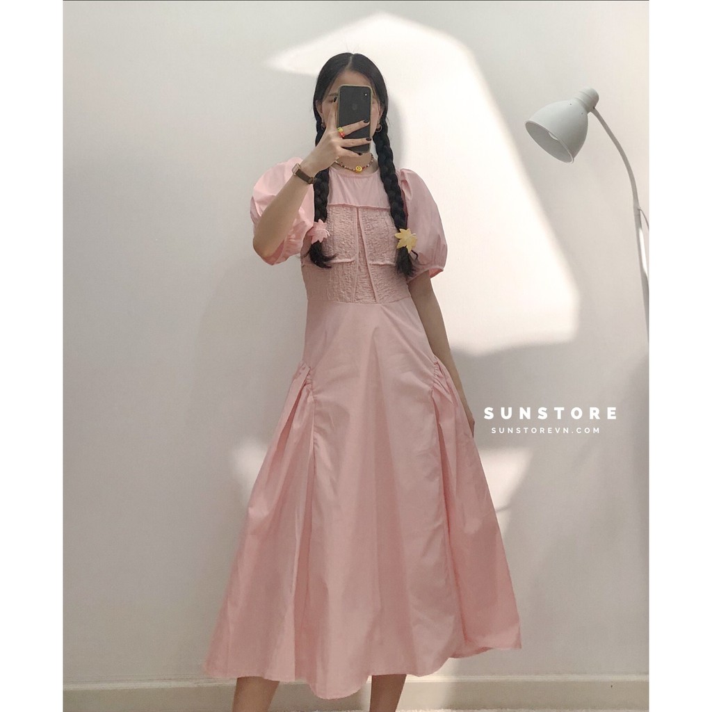 Đầm tay phồng dáng dài midi váy xoè tiểu thư màu hồng