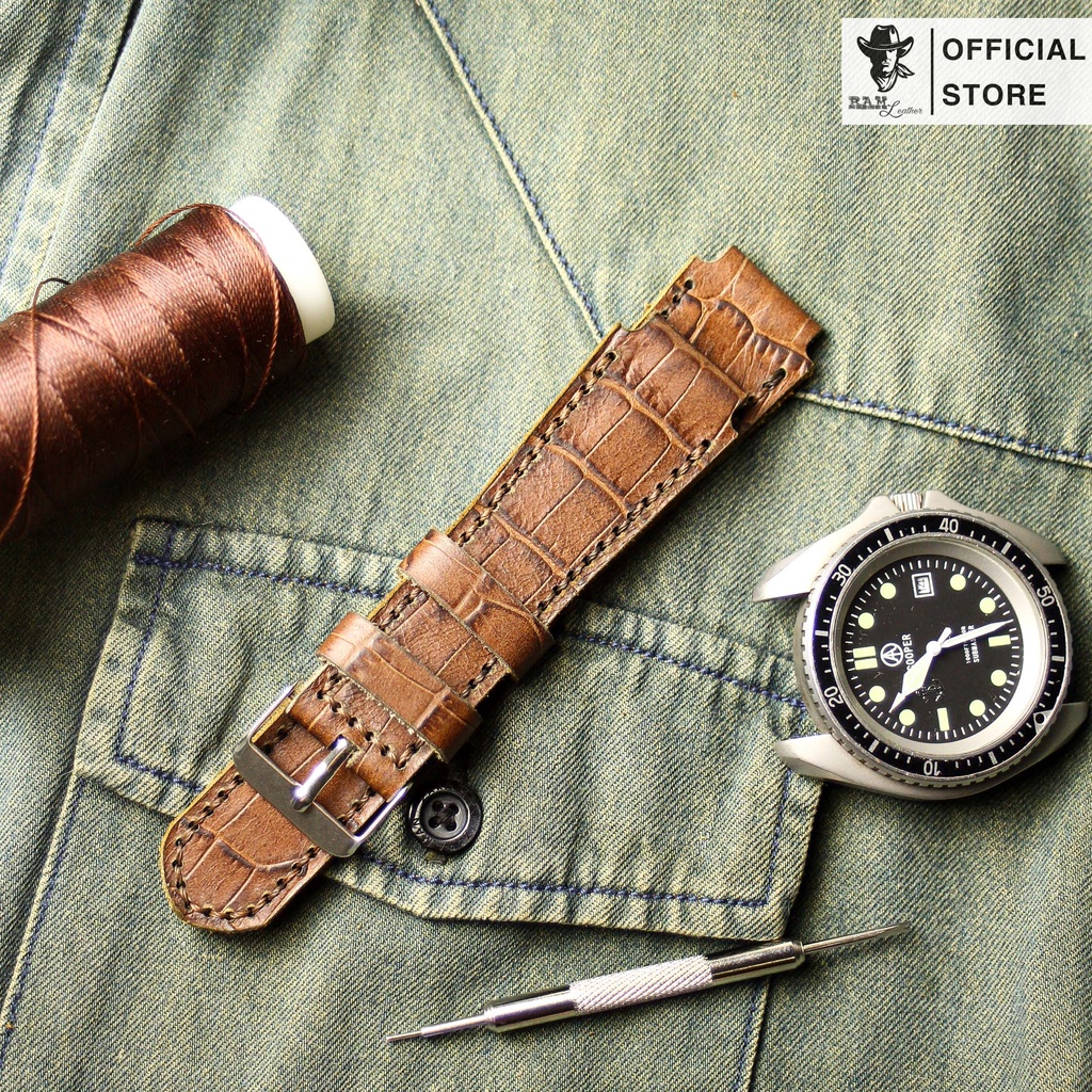 Dây Đồng Hồ Da Bò Thật RAM Leather 1928 Vân Cá Sấu Nâu Bền Đẹp