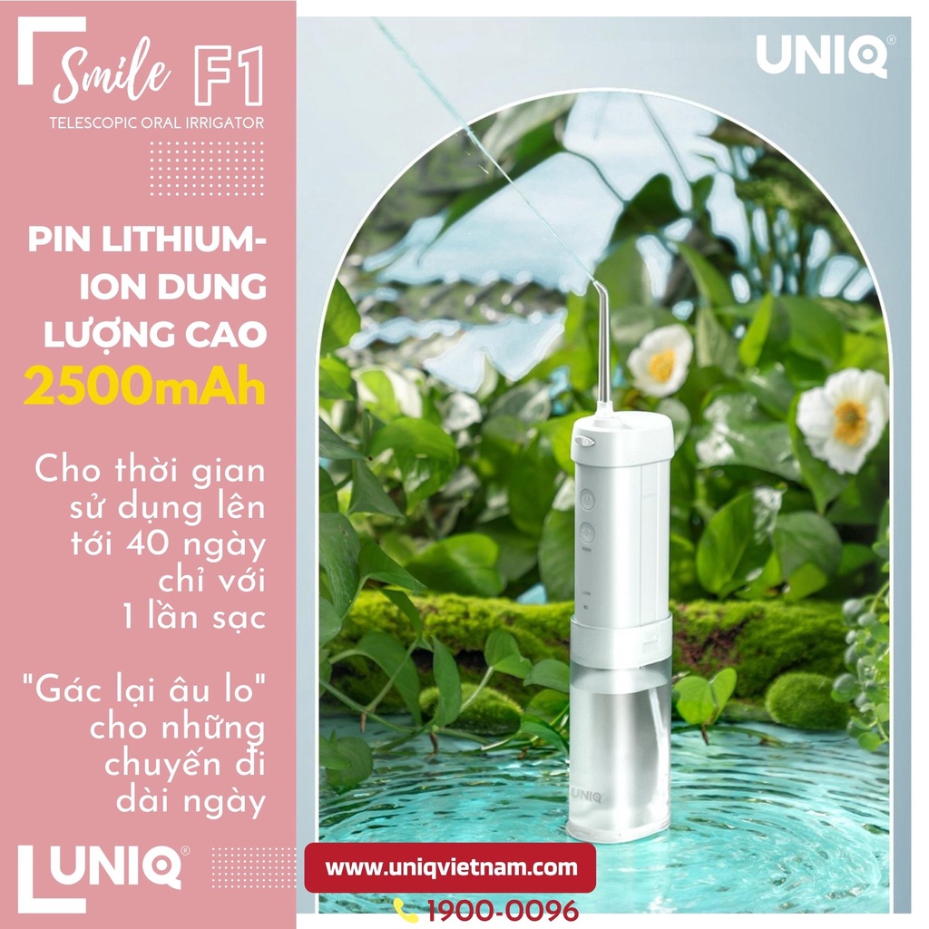 Tăm nước cầm tay UNIQ Smile F1 máy vệ sinh răng miệng mini xịt rửa làm sạch kẽ răng niềng cạo lưỡi Waterpik SIMI