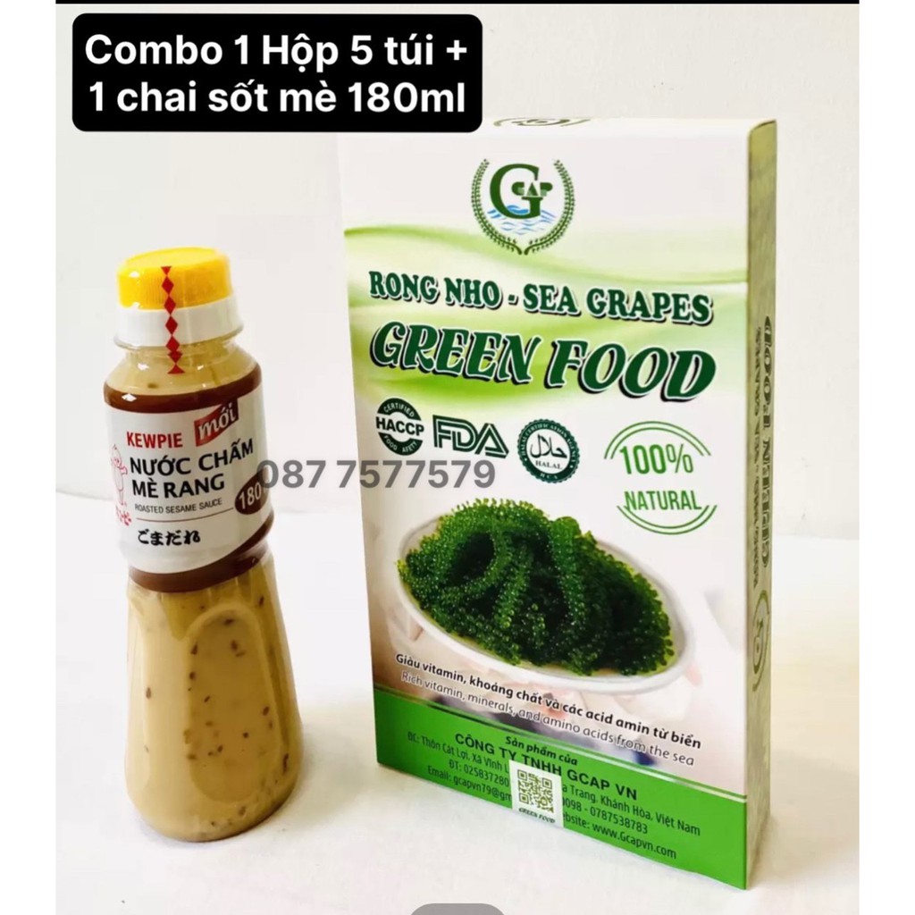 Combo Nguyên Hộp 100gr gồm (5 túi) + 1 chai  chấm mè 180ml rong nho tách nước Green Food Cao cấp Không tanh Không nhớt