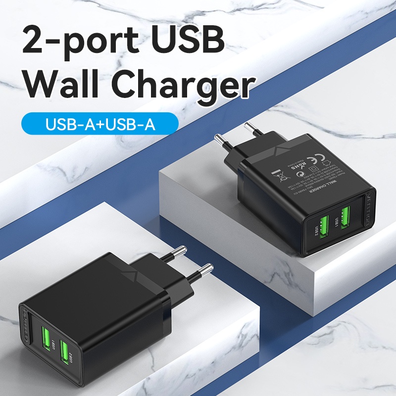 Củ sạc nhanh VENTION 18W hai cổng USB phong cách du lịch cho Samsung Xiaomi