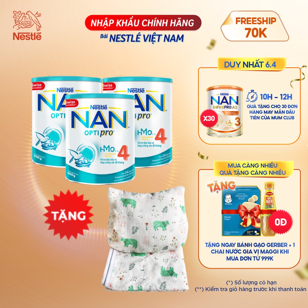 [Tặng 1 bộ gối mền vải sợi tre thiên nhiên] Combo 3 lon NAN Optipro 4 900gr