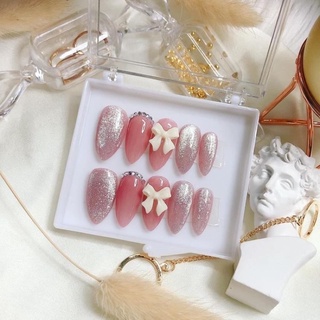 Móng up Thach hồng mix mắt mèo kèm nơ