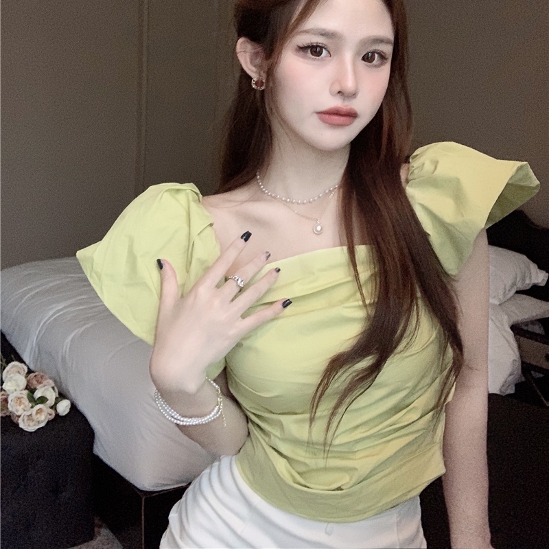 SUXI Áo Tay Phồng Ngắn Cổ Vuông Màu Sắc Đơn Giản Thời Trang Mùa Hè Cho Nữ