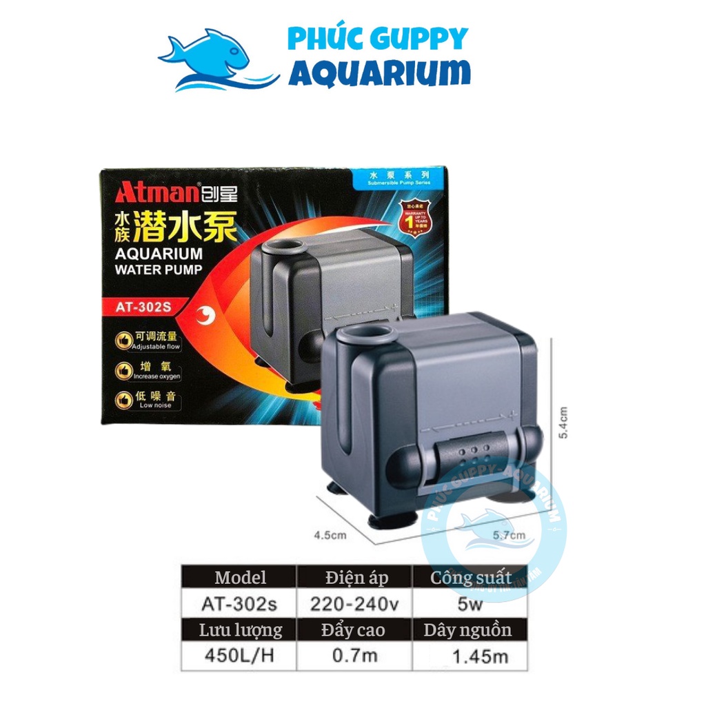 Máy Bơm Nước ATMAN AT-302S (5W-450L/H) | Máy Bơm Bể Cá Tiết Kiệm Điện, Siêu Bền