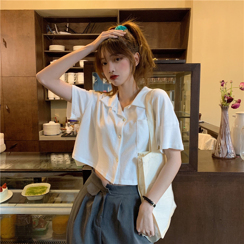 Áo sơ mi polo nữ tay lỡ dáng rộng 2021, Áo croptop nữ màu đen trắng cổ bẻ cài cúc phối túi ngực basic du lịch công sở