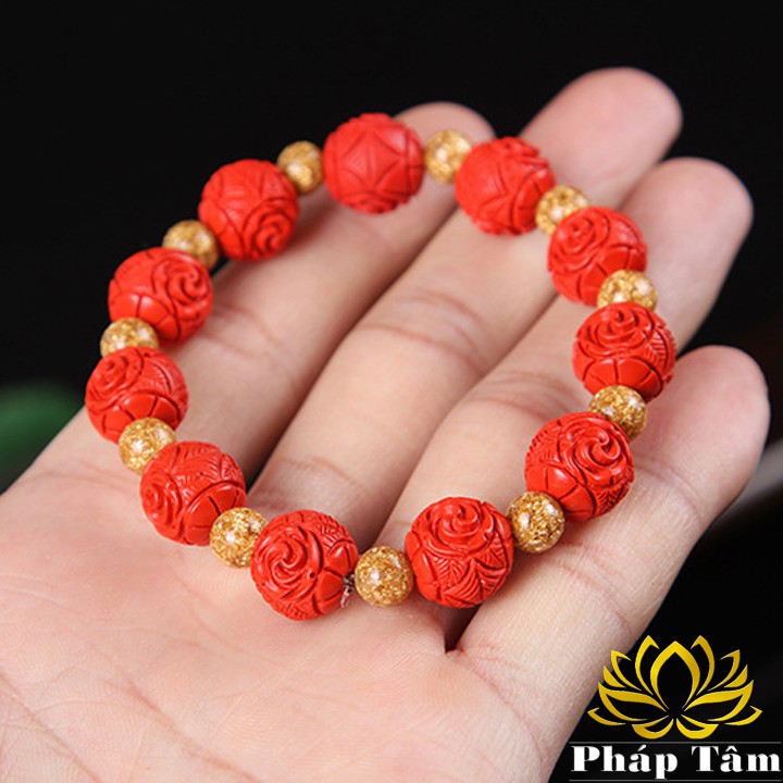 Vòng Tay Phong Thủy Đá Chu Sa Trừ Tà Khắc Cầu Hoa - Tâm Phong Thủy