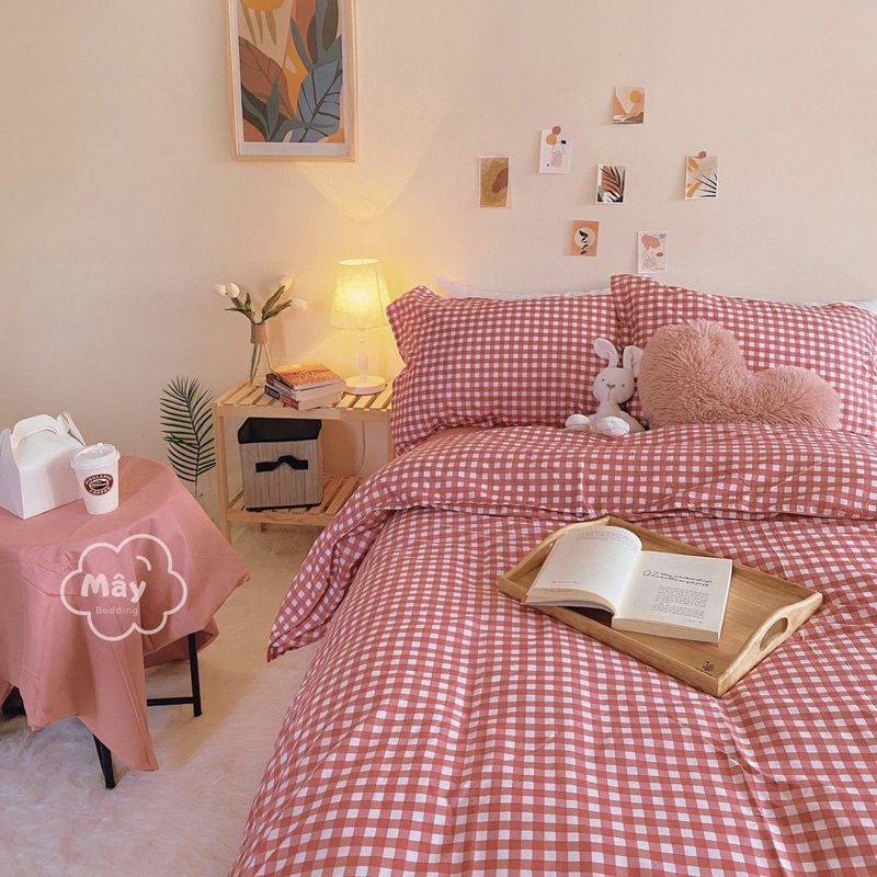 Bộ chăn ga gối Cotton Poly hoạ tiết caro đủ màu đen đỏ xanh MÂY BEDDING đủ kích thước nệm