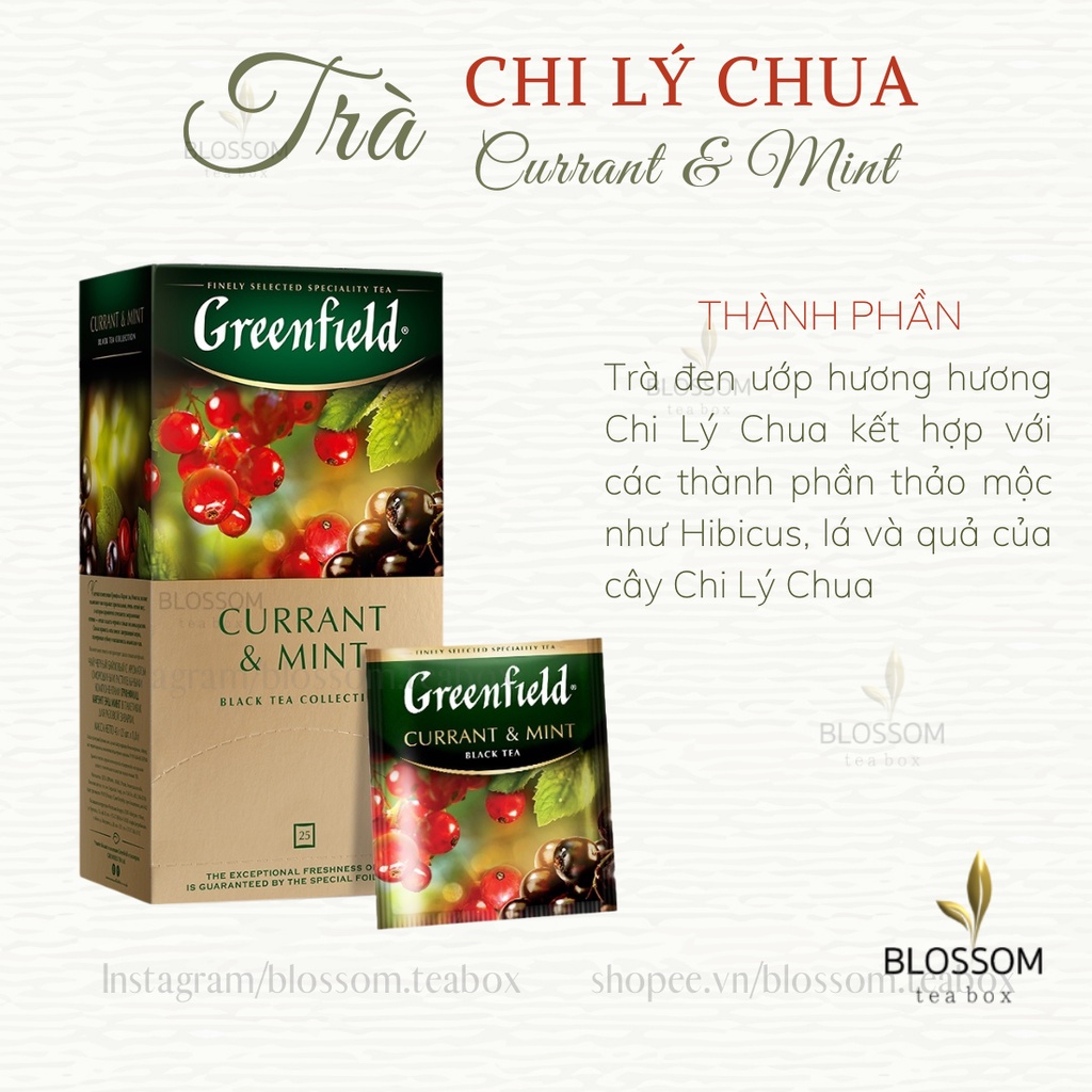 Trà hoa quả Greenfield 25 gói: Blueberry night, Currant Mint, Summer Bouquet, Mellow Peach...