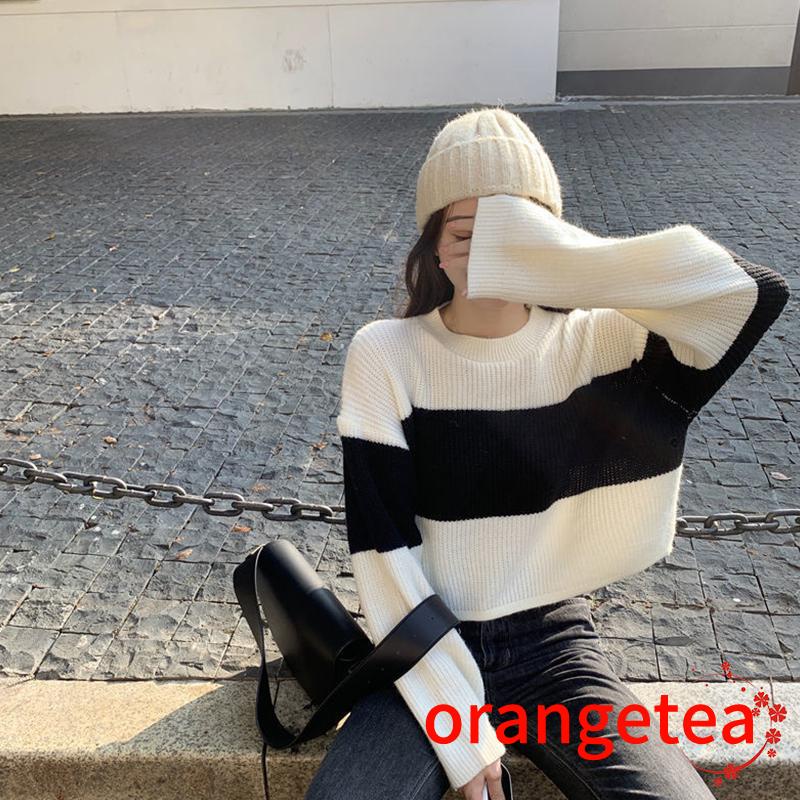 Áo Sweater Dệt Kim Tay Dài Cổ Tròn Dáng Rộng Màu Tương Phản Thời Trang Mùa Thu Cho Nữ