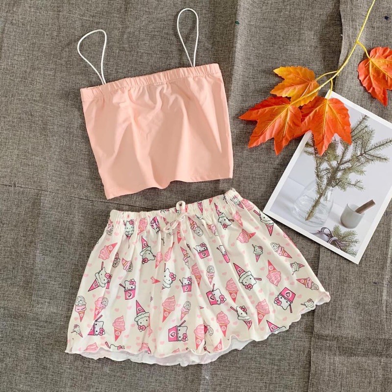Quần short thun xòe nhiều hìn cạp chun, Quần ngủ vải cotton mịn mát co giãn ( giao ngẫu nhiên )
