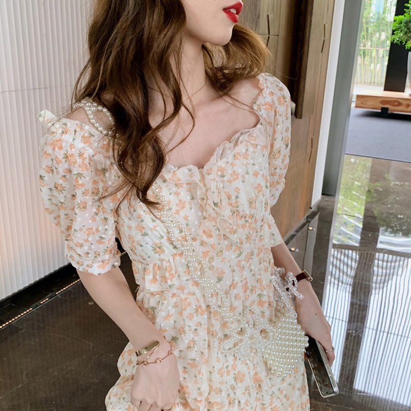 Đầm Hoa Cổ Chữ V Dáng Dài Phong Cách Pháp Ngọt Ngào Thanh Lịch Thời Trang Mùa Hè Mới Dành Cho Bạn Nữ