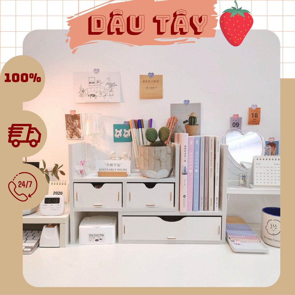 [ORDER] Kệ sách để bàn có ngăn kéo (3 ảnh thật ở cuối) (ib shop để có video lắp ráp)