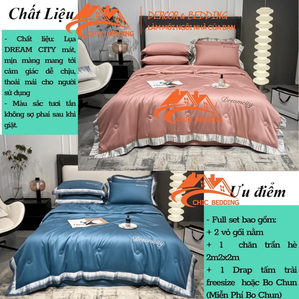 Bộ chăn ga gối lụa Dream city, sét 4 món ga gối chăn trần hè mát lạnh mềm mịn sang trọng