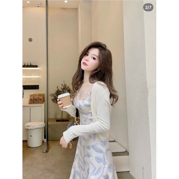 SÉT ĐẦM TRẮNG HOA XANH KÈM  KHOÁC GÂN ĐŨA