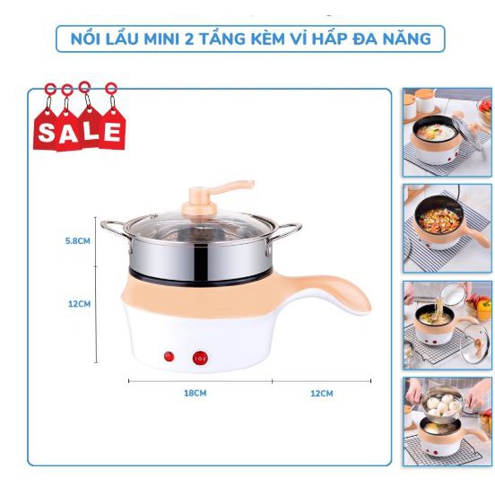 Nồi lẩu điện ca mì có lồng hấp 18cm,2 lớp, Nồi lẩu điện đa năng 2 tầng có lồng hấp và nắp kính cao cấp, Ca nấu mì nồi lẩ