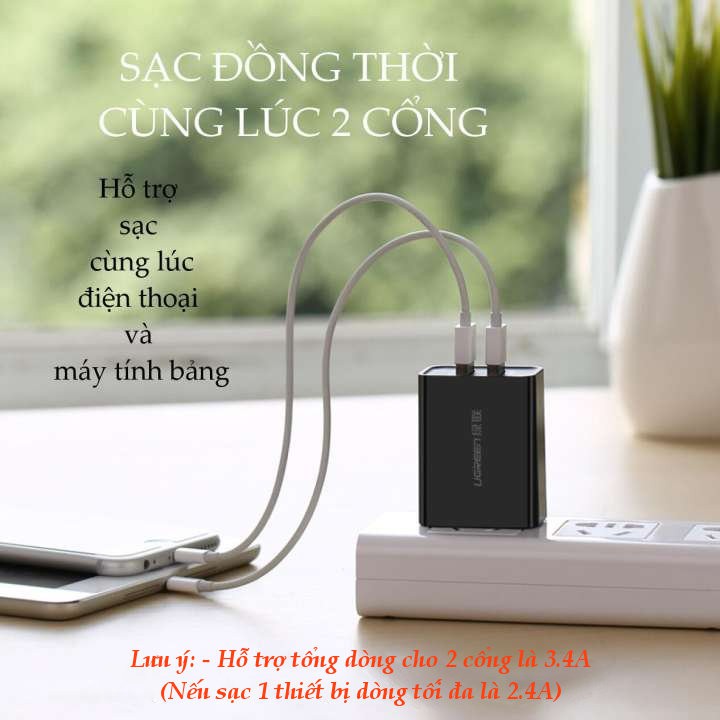 Cốc sạc 2-3 cổng USB 2.0, hỗ trợ tổng dòng sạc 3.4A (max 2.4A) UGREEN CD104 ED013